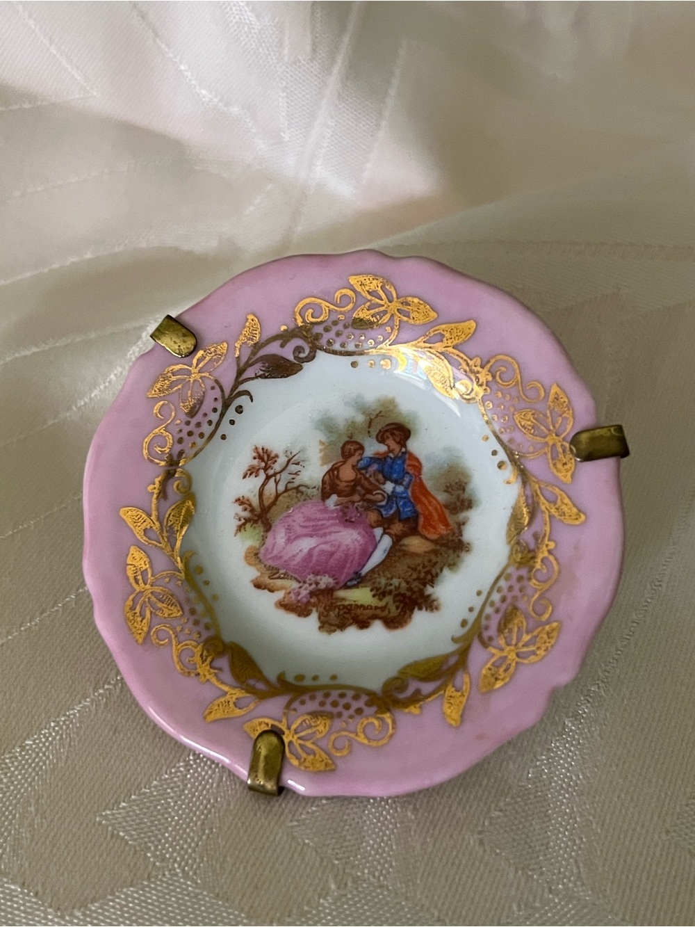 Vintage Goudeville Limoges Fragonard Mini Plate Pink Gold Brass Stand